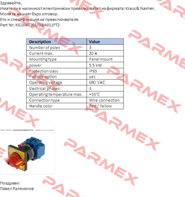 KG10AT203/GBA011FT2 OEM, alternative KG10A T203/03 FT2 Kraus & Naimer