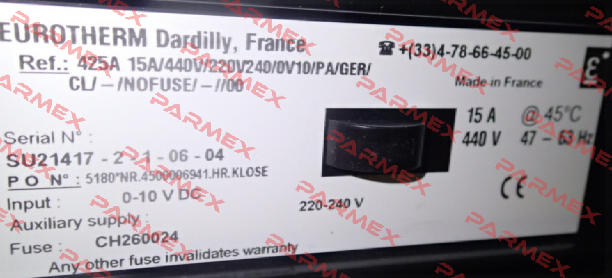 425A 15A/440V/220V240//0V10/PA/GER Replaced by MODEL (EFIT) Single Phase Power Controller Eurotherm