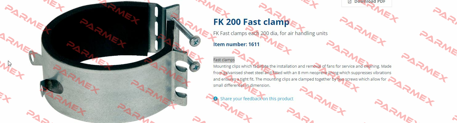 Item No. 1611, Type: FK 200 Fast clamp Systemair
